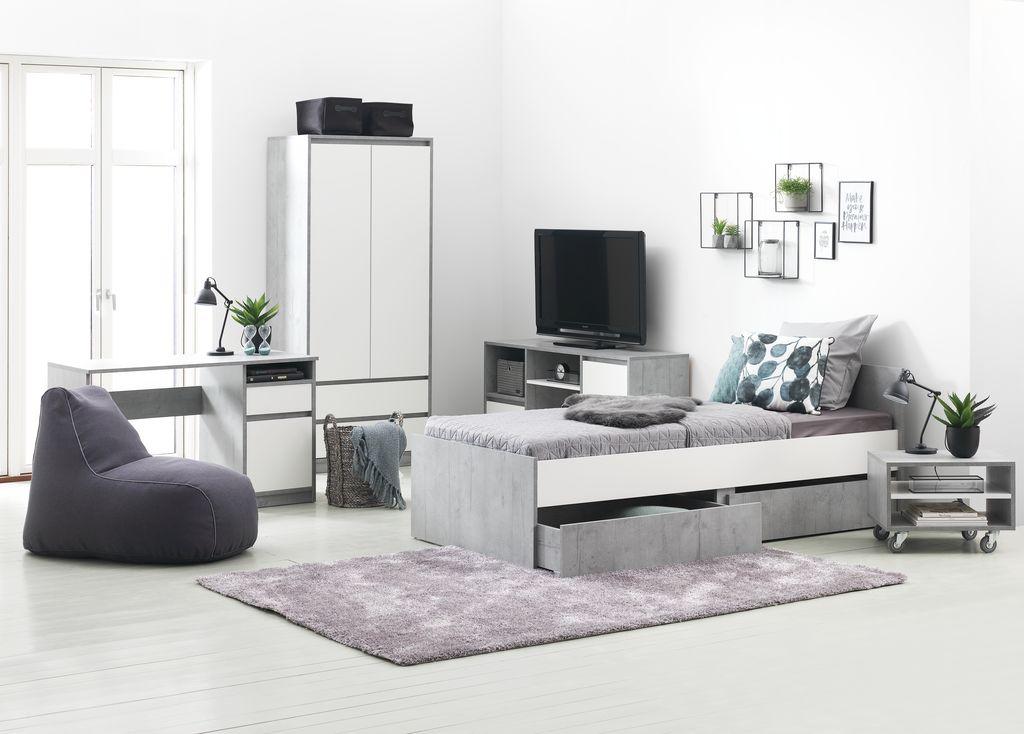 Cama com arrumação BILLUND 90x200 branco/betão