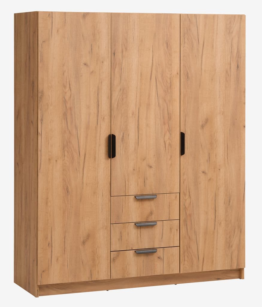 Roupeiro JENSLEV 144x176 3 portas 3 gavetas cor carvalho