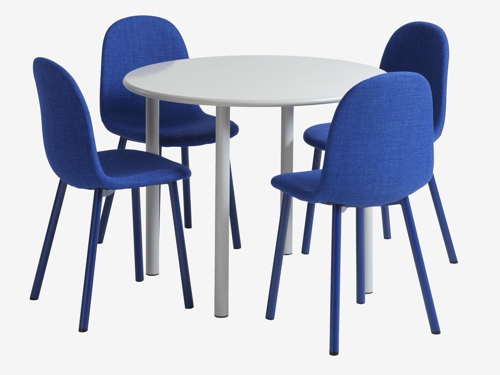 HANSTED Ø100 mesa cinzento quente + 4 EJSTRUP cadeira azul