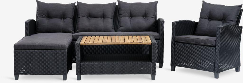 Lounge set VEN 4 lugares com chaise-longue preto