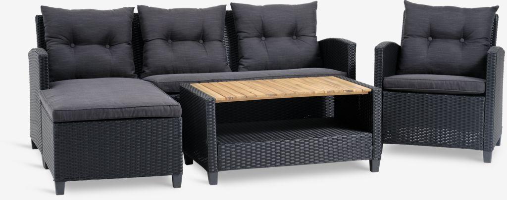 Lounge set VEN 4 lugares com chaise-longue preto