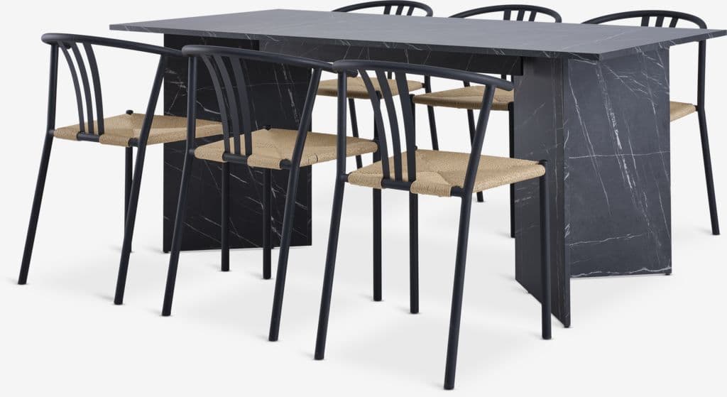 KRONDAL C180 mesa mármore + 4 JYDERUP preto/natural