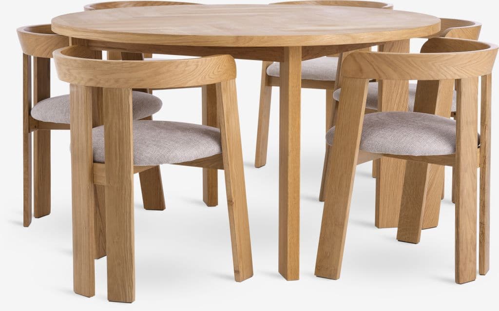 HARESKOV Ø129 mesa carvalho + 4 BOVRUP cadeiras carv/bege