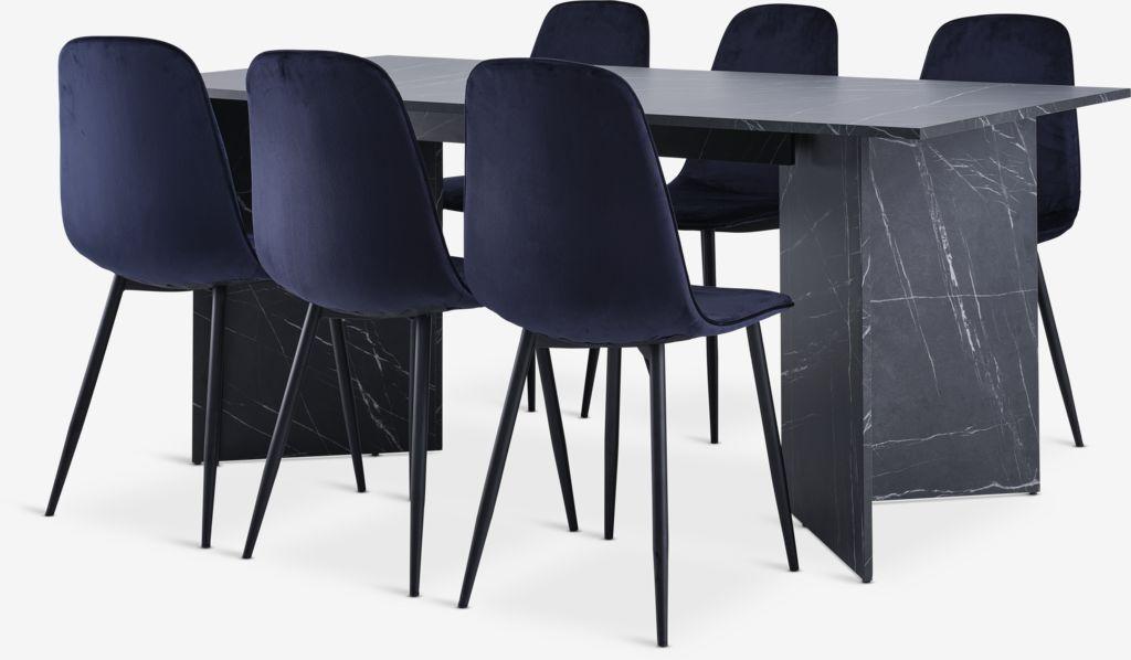 KRONDAL C180 mesa mármore + 4 BISTRUP veludo azul escuro