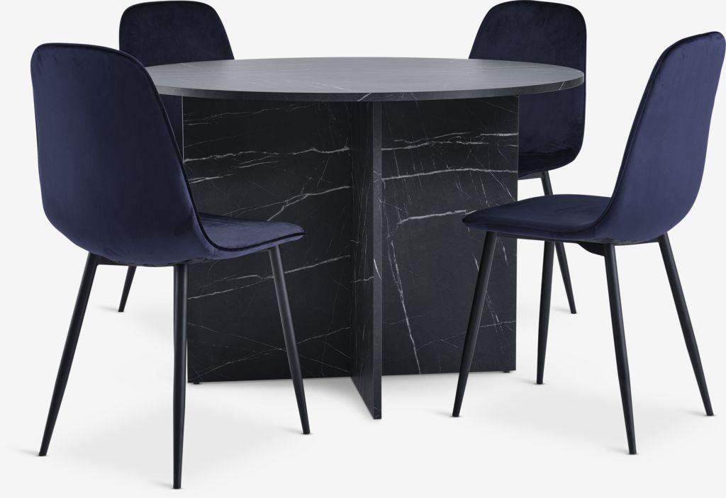 KRONDAL Ø110 mesa mármore + 4 BISTRUP veludo azul escuro