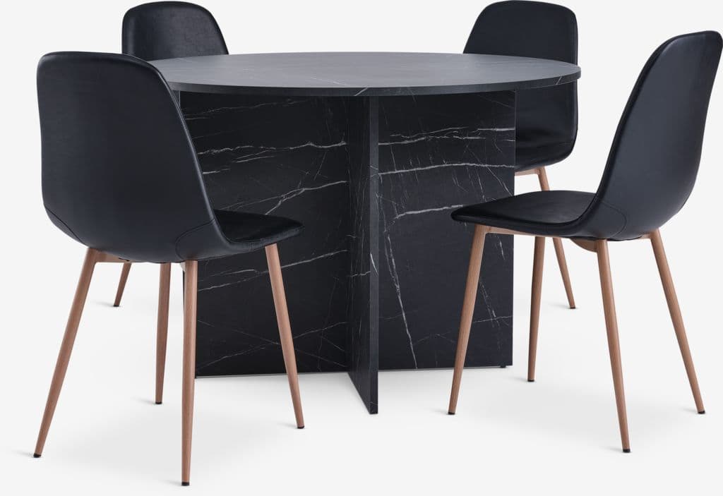 KRONDAL Ø110 mesa mármore + 4 JONSTRUP cadeira preto/carv