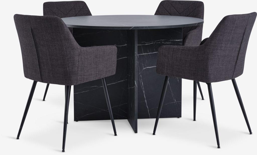 KRONDAL Ø110 mesa mármore + 4 PURHUS cadeiras cinzento/preto