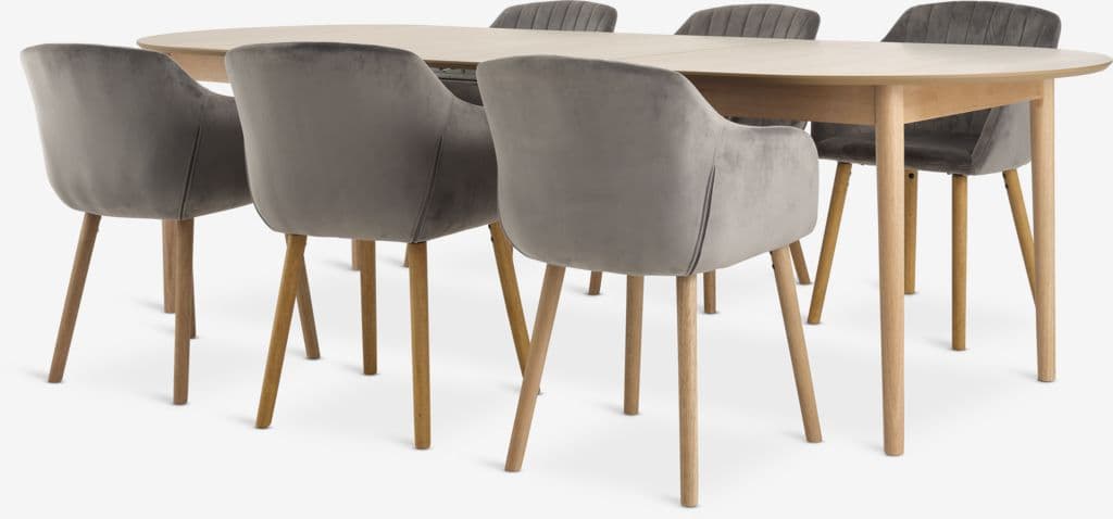 MARSTRAND C200/280 mesa carvalho + 4 ADSLEV veludo cinzento