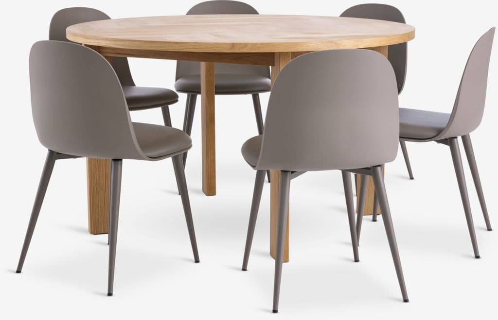 HARESKOV Ø129 mesa carvalho + 4 ULDAL cadeiras castanho