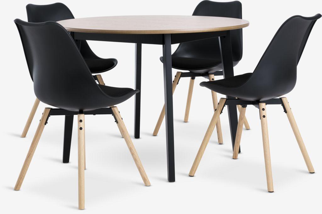 JEGIND Ø105 mesa carvalho + 4 KASTRUP cadeiras preto/carv