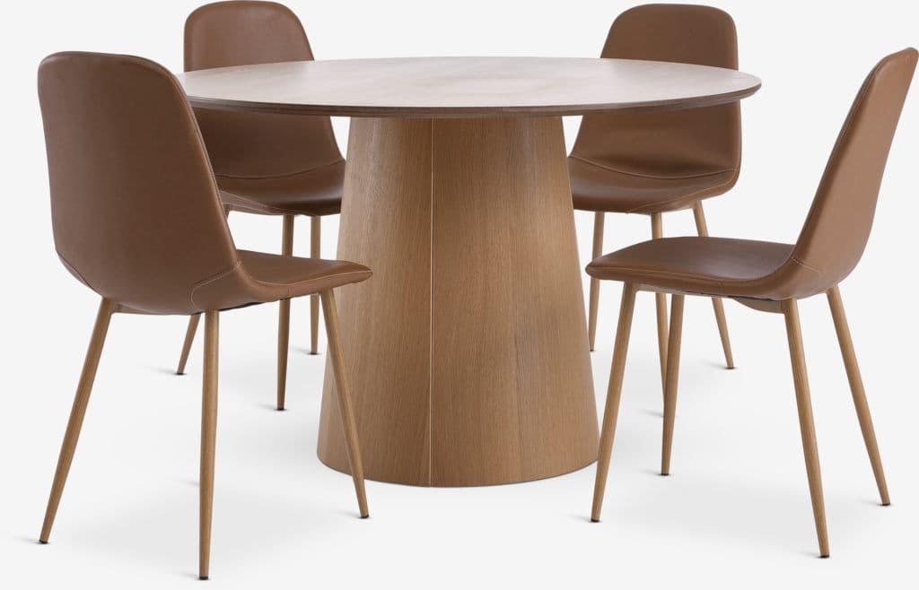 KLIPLEV Ø120 mesa carvalho + 4 JONSTRUP cadeira conhaque/car