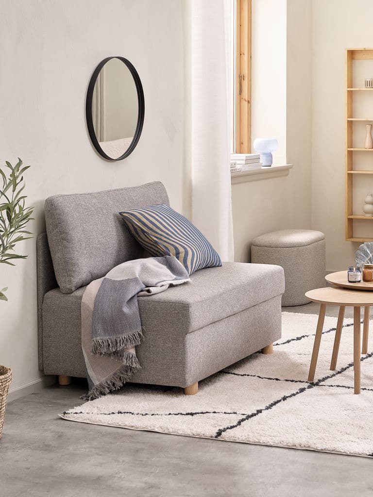 Sofá-cama OLSTRUP 1,5 lugares tecido cinzento/cor carvalho