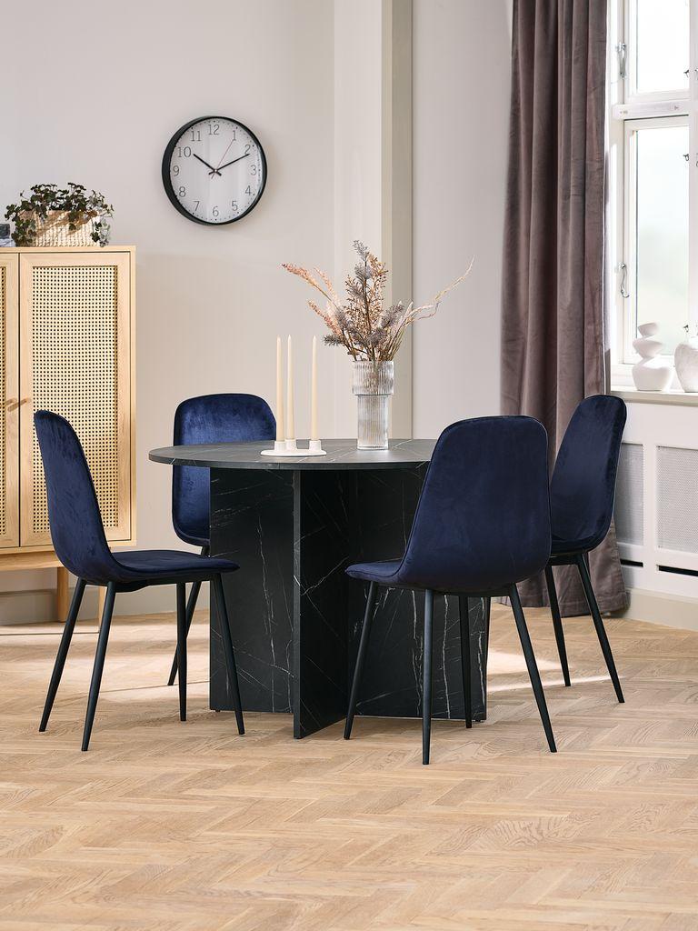 KRONDAL Ø110 mesa mármore + 4 BISTRUP veludo azul escuro