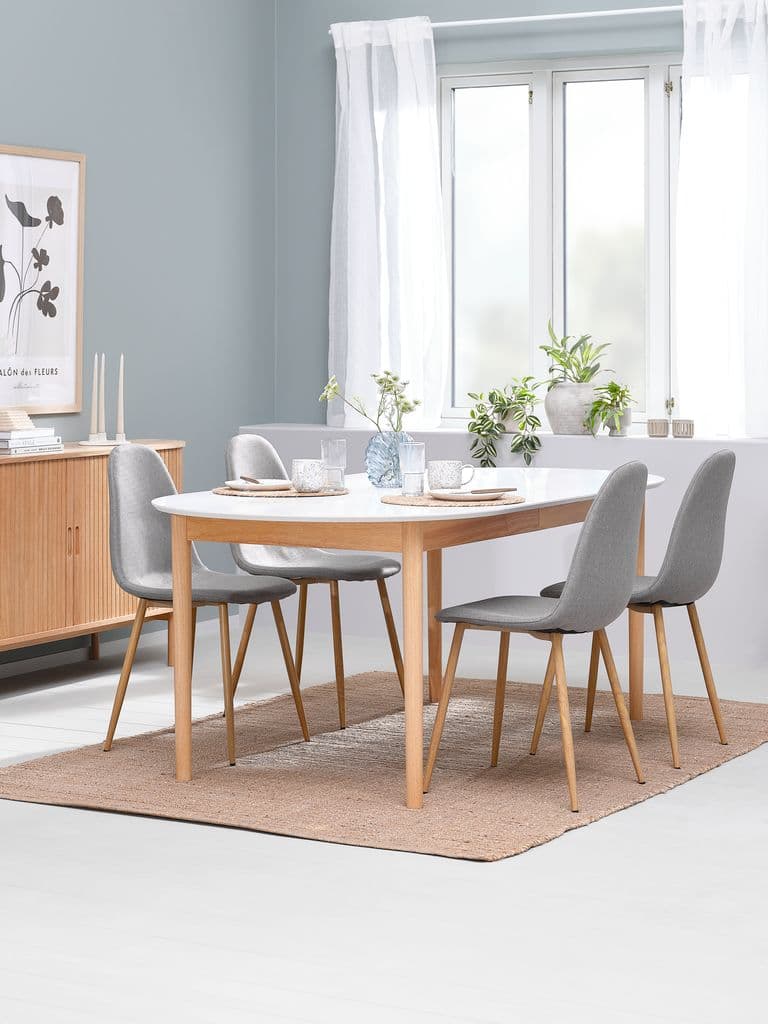 MARSTRAND C200/280 mesa branco + 4 JONSTRUP cinz/carvalho