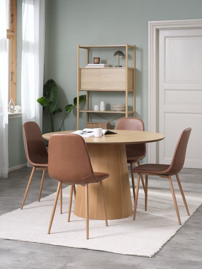 KLIPLEV Ø120 mesa carvalho + 4 JONSTRUP cadeira conhaque/car