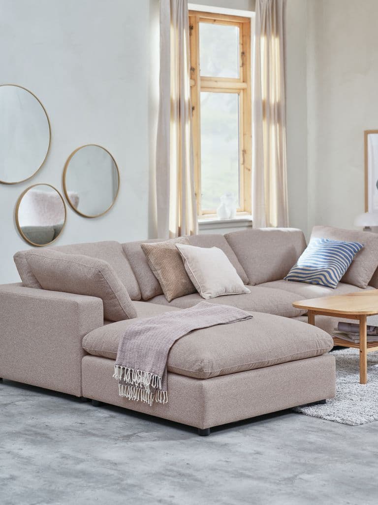 Módulo sofá LUNDBY chaise-longue/pufe tecido cor areia