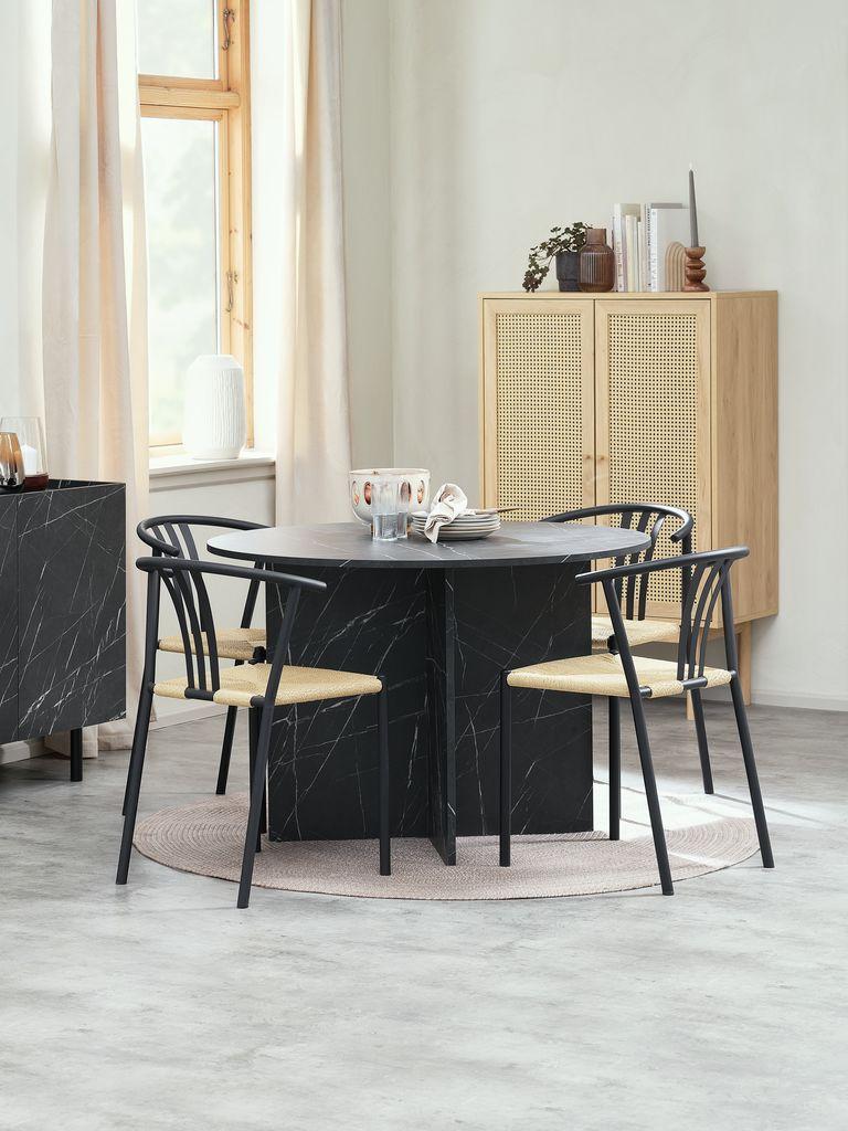 KRONDAL Ø110 mesa mármore + 4 JYDERUP preto/natural