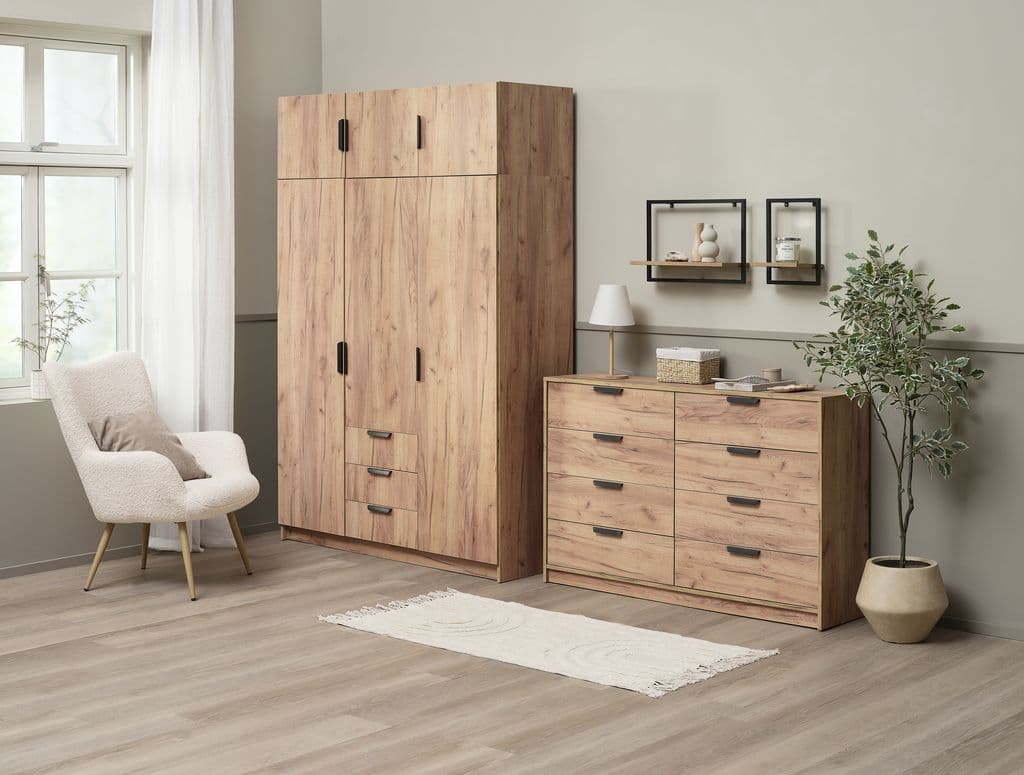 Roupeiro JENSLEV 144x176 3 portas 3 gavetas cor carvalho