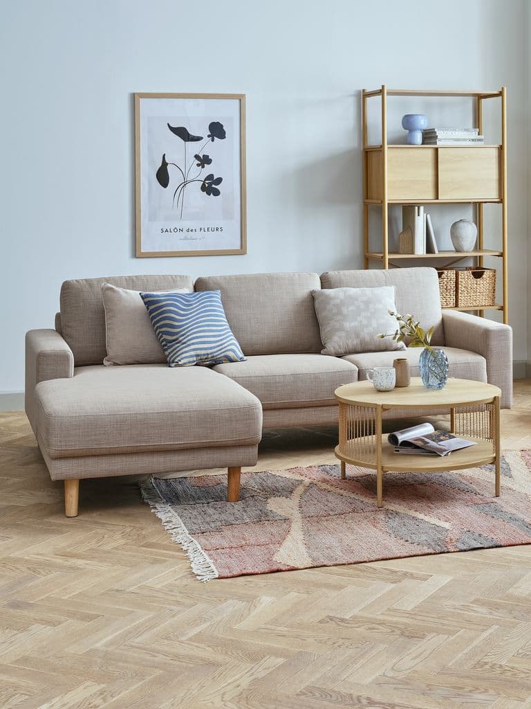 Sofá EGENSE chaise-longue tecido areia/cor carvalho