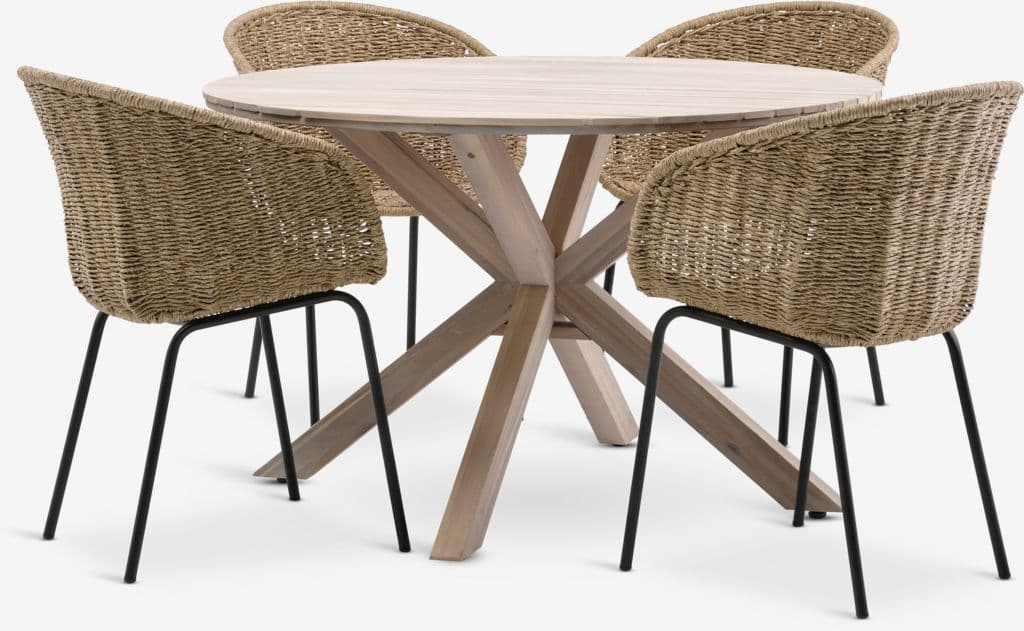 FUGLSAND Ø120 mesa madeira folhosas + 4 TUERNE cadeira nat