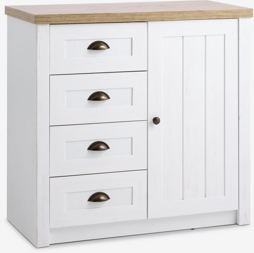 Cómoda MARKSKEL 4 gavetas 1 porta branco/carvalho
