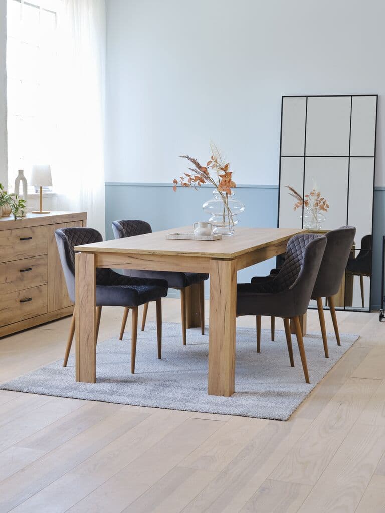 LINTRUP C190/280 mesa carvalho + 4 PEBRINGE veludo cinzento