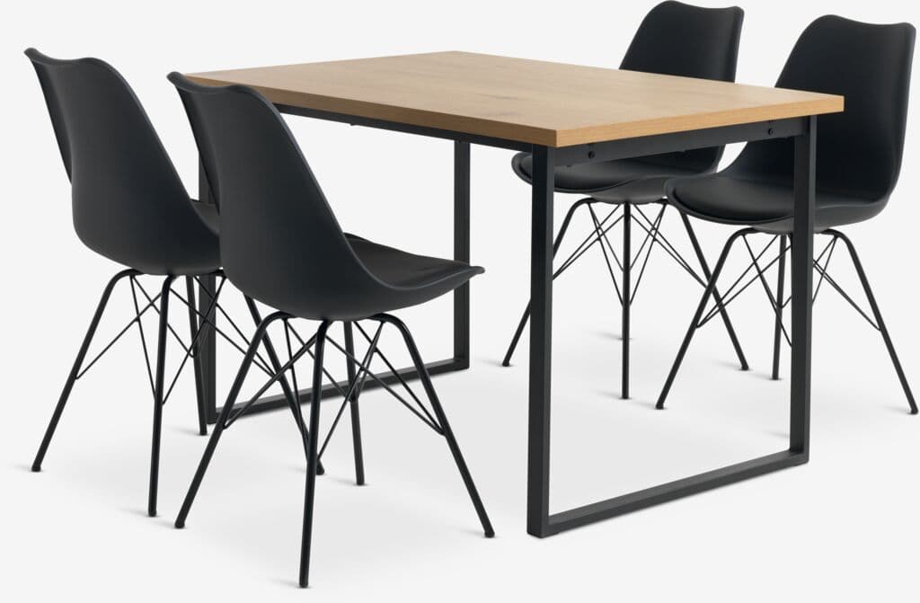 AABENRAA C120 mesa carvalho + 4 KLARUP cadeiras preto