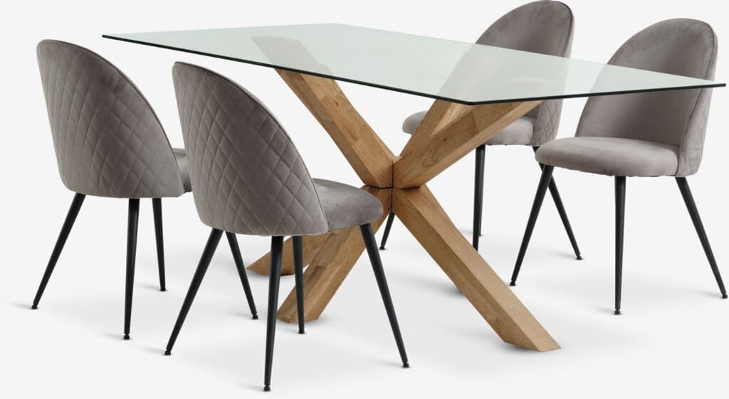 AGERBY C190 mesa carvalho + 4 KOKKEDAL veludo cinzento