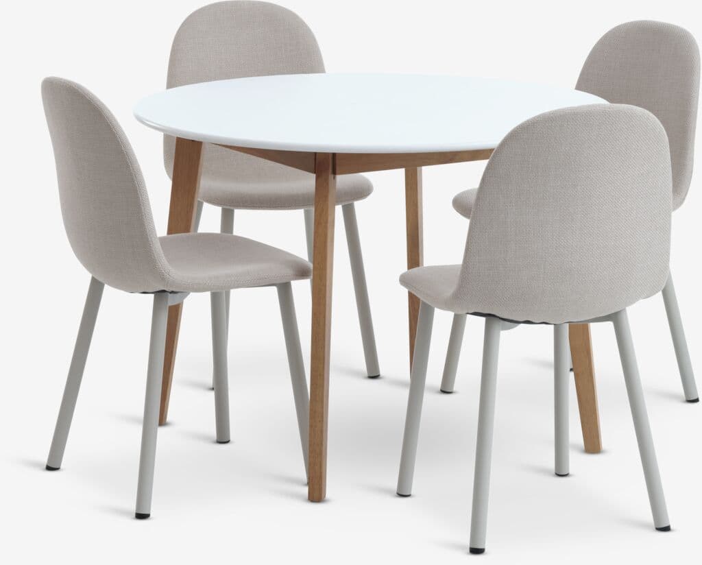 JEGIND Ø105 mesa branco + 4 EJSTRUP cadeiras bege
