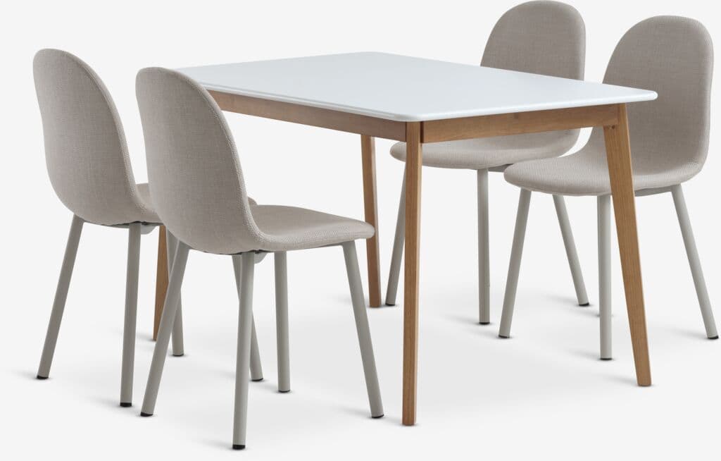 JEGIND C130 mesa branco + 4 EJSTRUP cadeiras bege