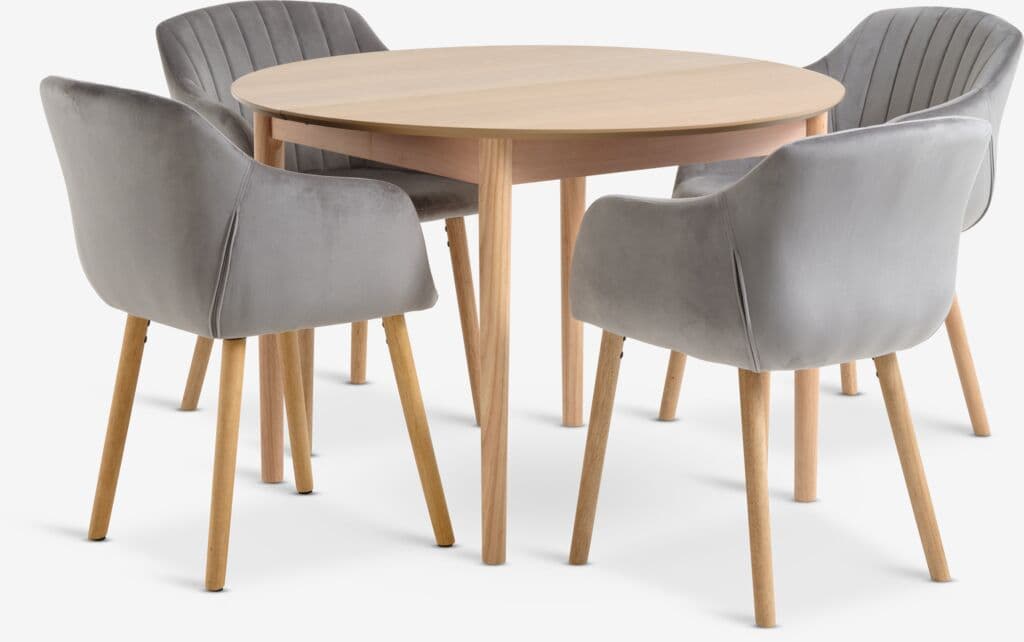 MARSTRAND Ø110 mesa carvalho + 4 ADSLEV cadeiras veludo cinz