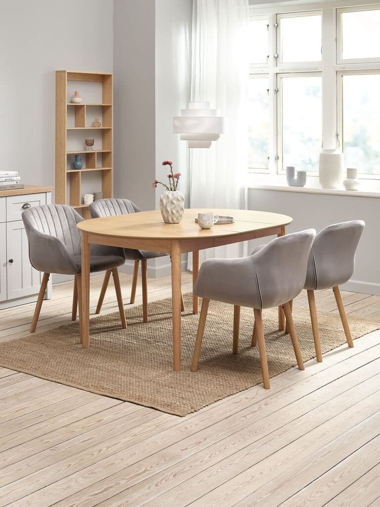MARSTRAND Ø110 mesa carvalho + 4 ADSLEV cadeiras veludo cinz