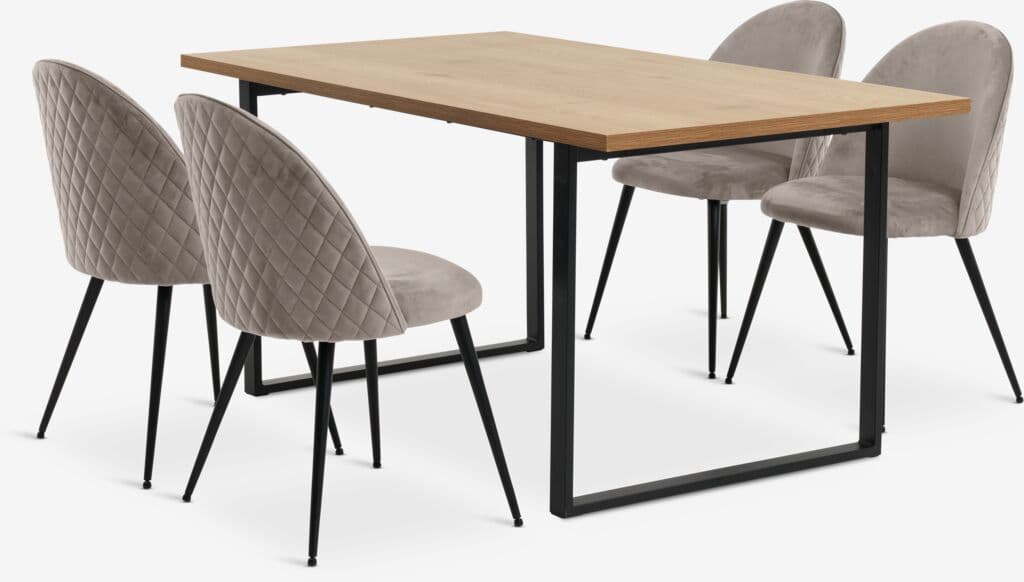 AABENRAA C160 mesa carvalho + 4 KOKKEDAL cadeira veludo cinz