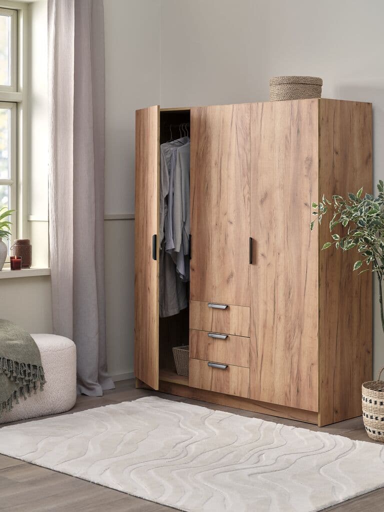 Roupeiro JENSLEV 144x176 3 portas 3 gavetas cor carvalho