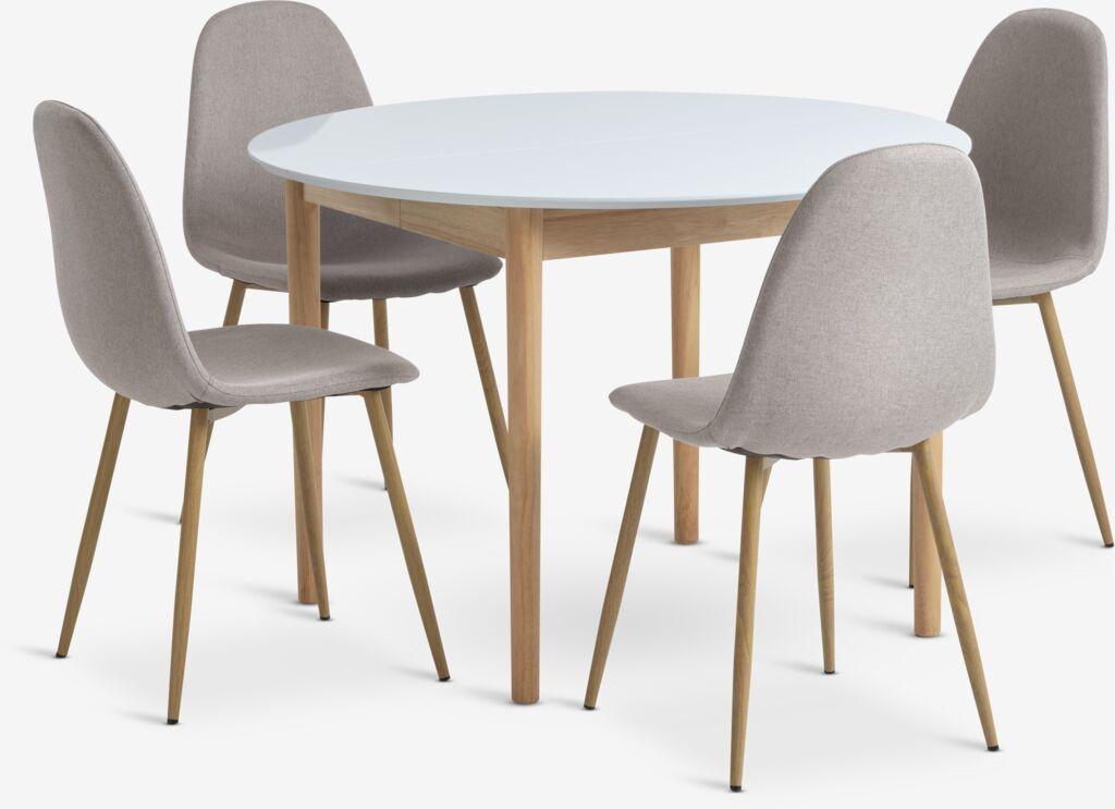 MARSTRAND Ø110 mesa branco + TINGLEV cadeiras cinz/carvalho