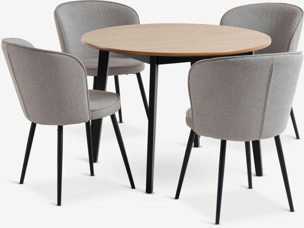JEGIND Ø105 mesa carvalho/preto + 4 RISSKOV cinz claro