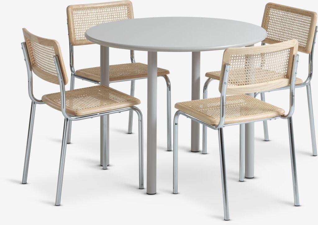 HANSTED Ø100 mesa cinzento quente + 4 HASSING cadeira rattan