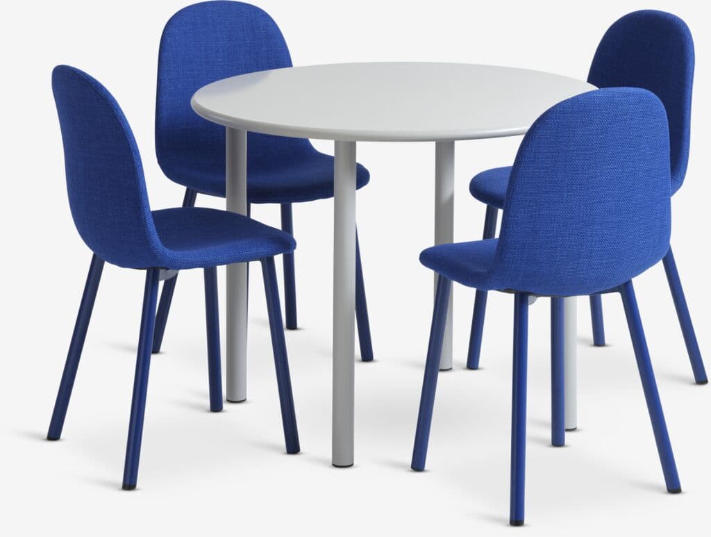 HANSTED Ø100 mesa cinzento quente + 4 EJSTRUP cadeira azul