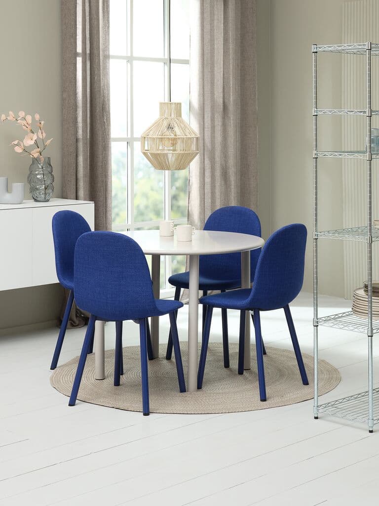 HANSTED Ø100 mesa cinzento quente + 4 EJSTRUP cadeira azul