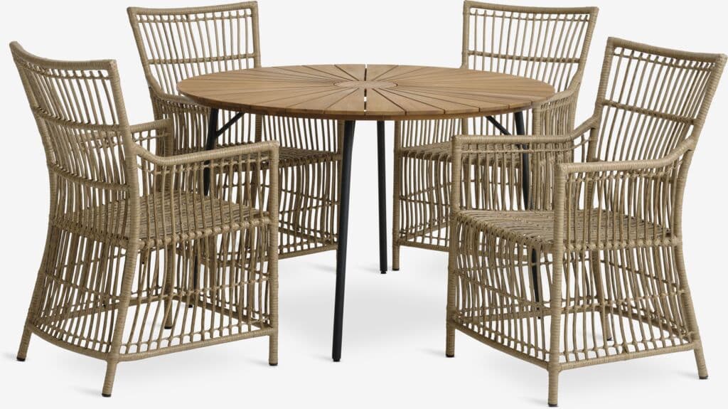 BASTRUP Ø120 mesa madeira dura/preto + 4 FJELLERUP cadeira
