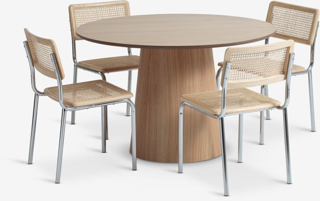 KLIPLEV Ø120 mesa carvalho + 4 HASSING cadeiras rattan