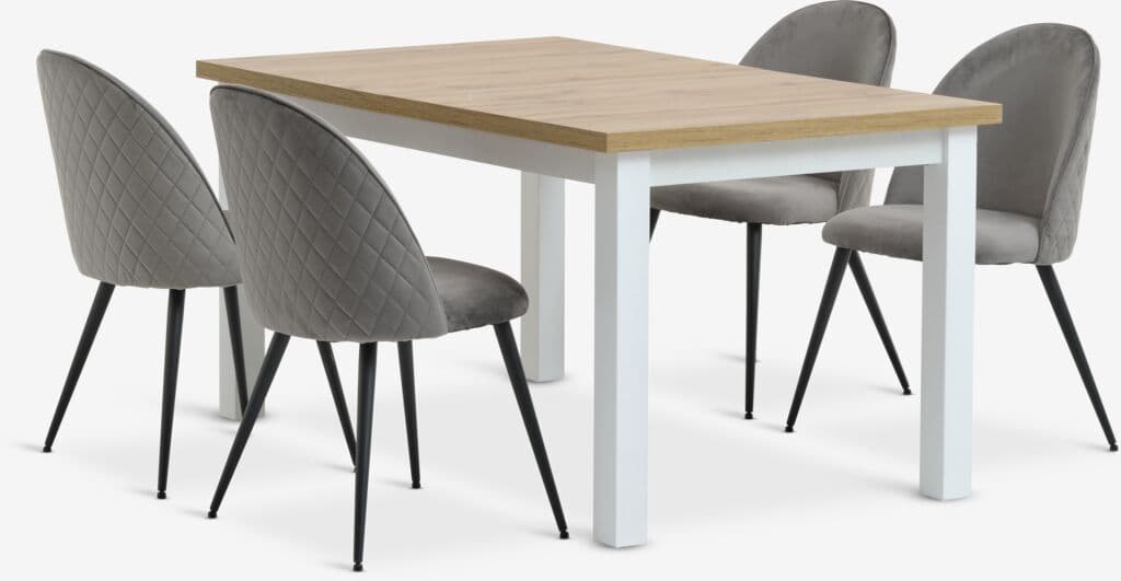 MARKSKEL C150/193 mesa branco/carvalho + 4 KOKKEDAL veludo