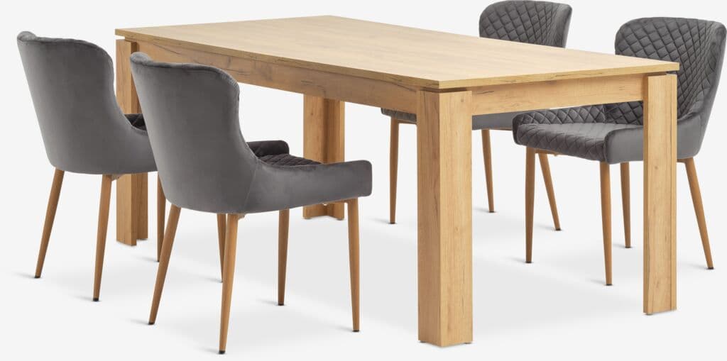 LINTRUP C190/280 mesa carvalho + 4 PEBRINGE veludo cinzento