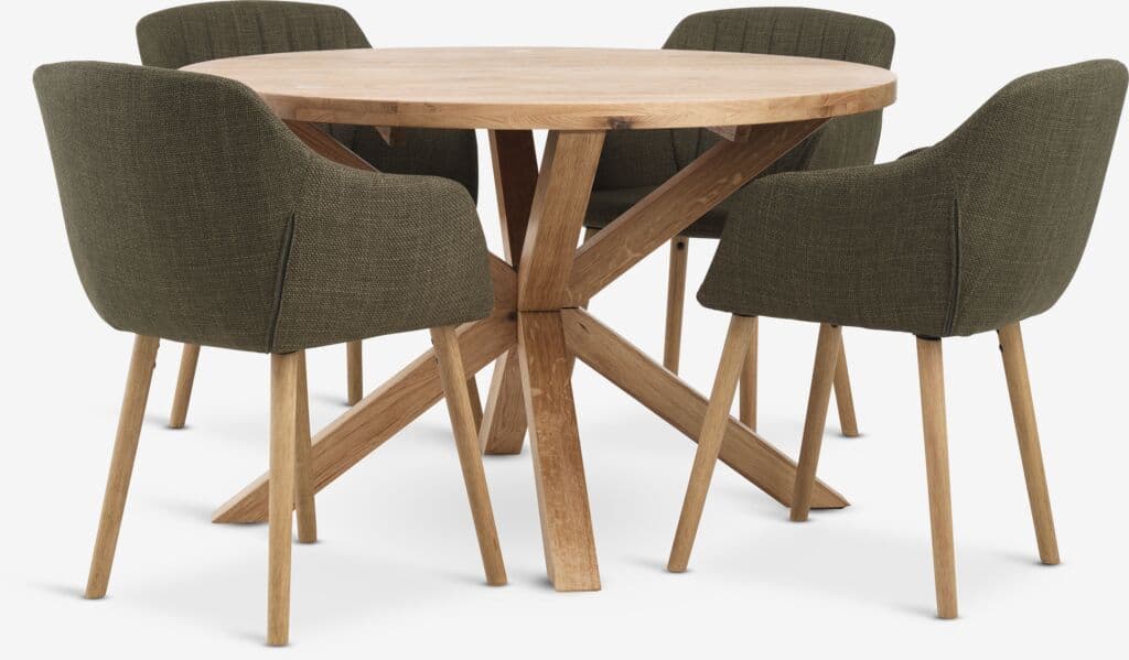GRIBSKOV Ø120 mesa carvalho + 4 ADSLEV cadeiras verde