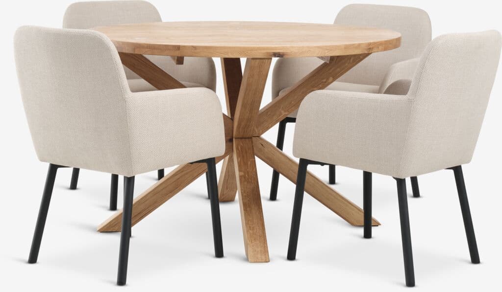 GRIBSKOV Ø120 mesa carvalho+ 4 SOTTRUP cadeiras bege/preto