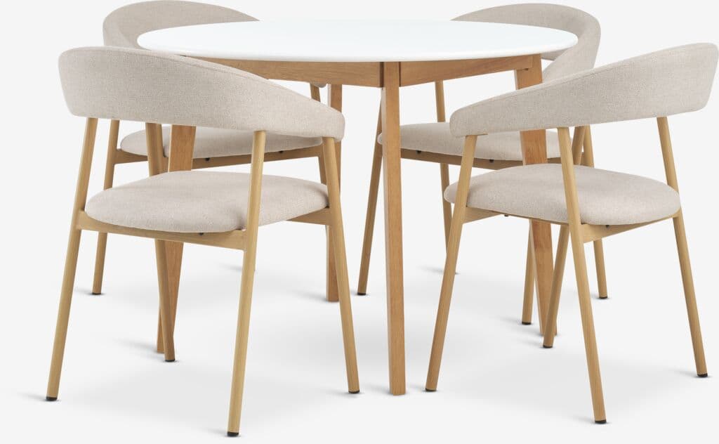 JEGIND Ø105 mesa branco + 4 EJSING cadeiras bege/carvalho