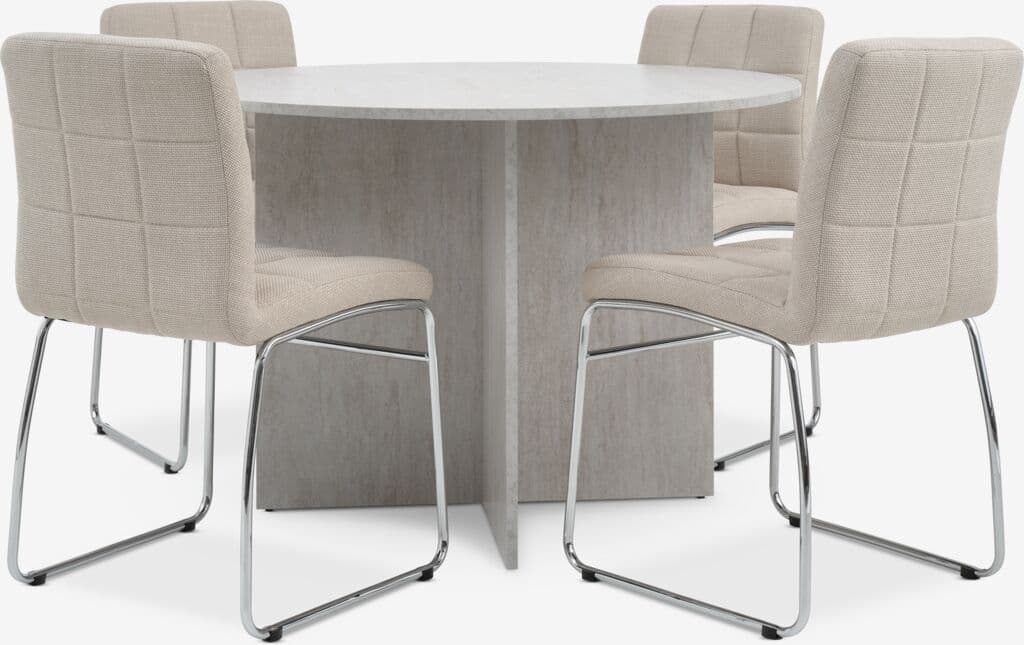 KRONDAL Ø110 mesa travertino + 4 HAMMEL cadeiras bege