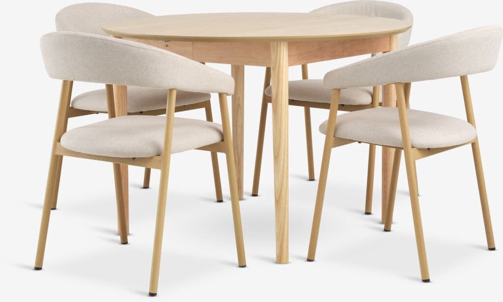 MARSTRAND Ø110 mesa carvalho + 4 EJSING cadeira bege/carv