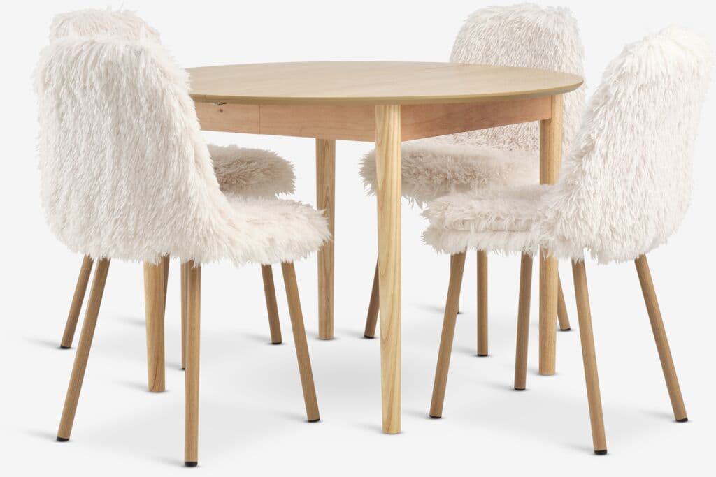 MARSTRAND Ø110 mesa carvalho + 4 JONSTRUP teddy branco