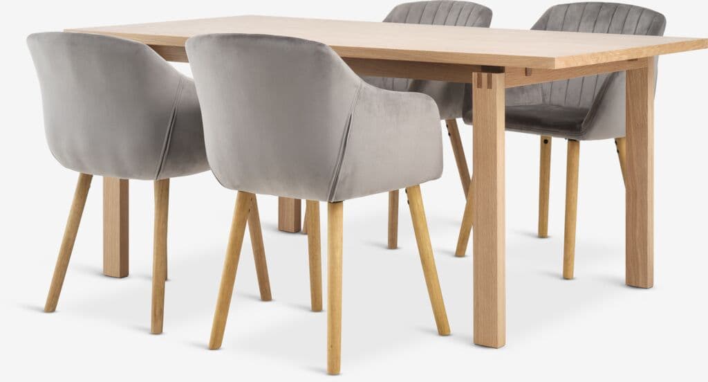 MEJLSKOV C180 mesa carvalho + 4 ADSLEV cadeiras veludo cinz